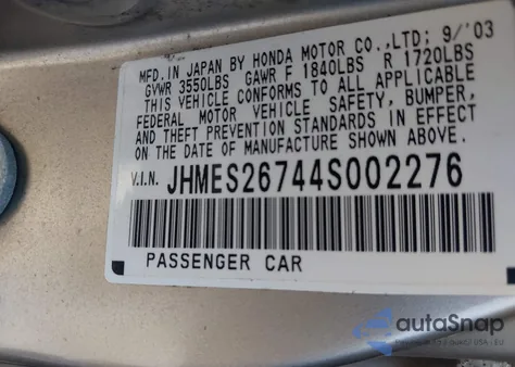 2004 Honda Civic Ex from USA, damaged, VIN JHMES26744S002276